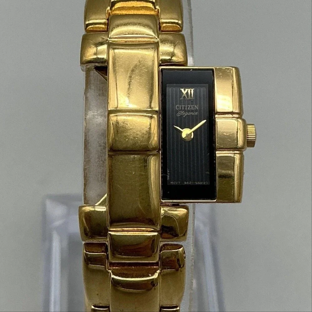 Vintage Citizen Women Watch 14mm Black Dial Gold Tone Hidden Dial New Battery 7